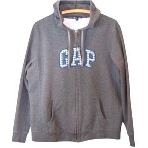 GAP Y2K Heavy Thick Full Zip Stretch Hoodie Gingham Logo Grey Size XL